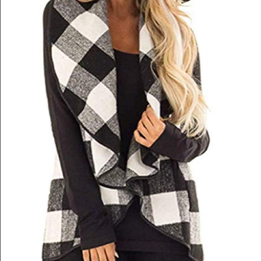Black and White Buffalo Plaid Drape Vest